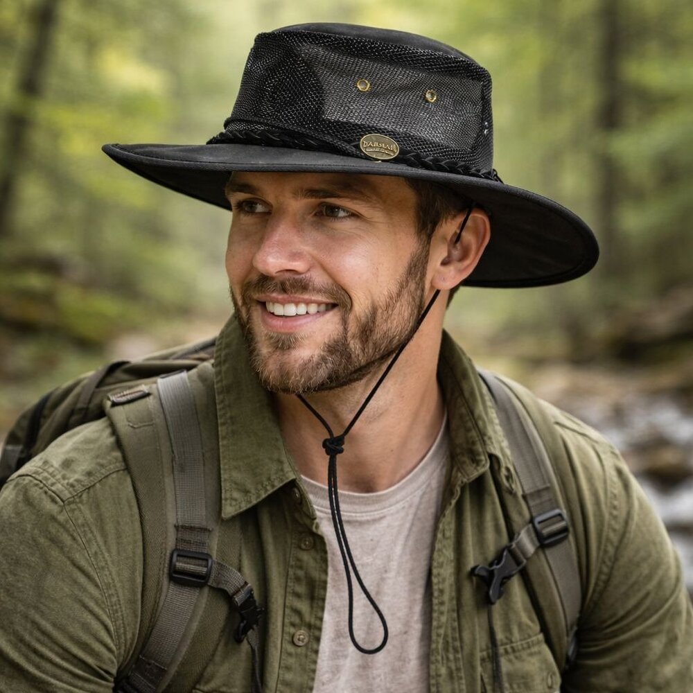 Barmah Hat Canvas Drover Black Sz M Chin Strap Rugged Outback Rancher Hike Fish